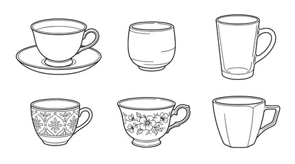 Obraz premium tea cups , 6 black delicate line drawings vector set collection , white background , PNG and SVG 