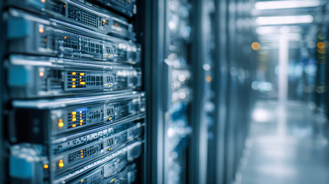 Interior view of a modern data center with rows of server racks and blinking lights highlighting advanced digital infrastructure and technology