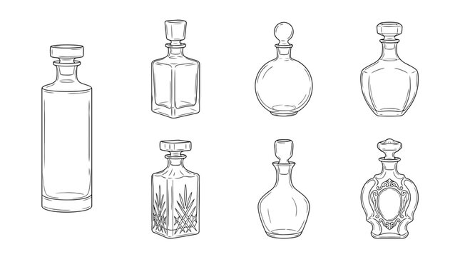 whiskey decanters , 6 black delicate line drawings vector set collection , white background , PNG and SVG	