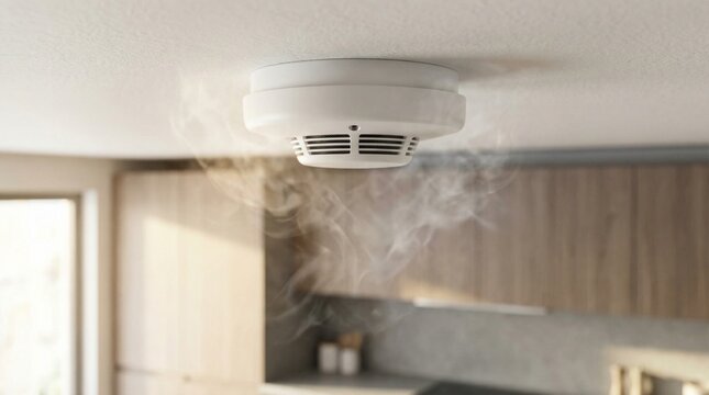 Smoke detector on ceiling with smoke in a modern kitchen.
