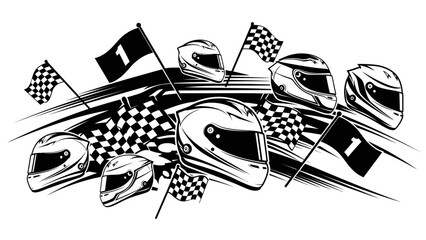 Black and white illustration of racing helmets with checkered flags on a white background in a dynamic composition. © AntonAlfatih02