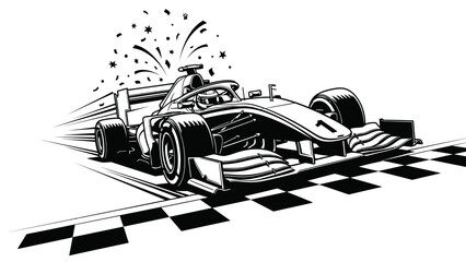 Black and white illustration of a race car speeding over a checkered finish line with celebratory sparks. © AntonAlfatih02