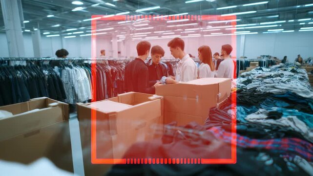 Several individuals collaborate while organizing donated clothing in spacious thrift shop, emphasizing eco friendly fashion choices. Scene captures trend conscious consumerism, sustainable retail