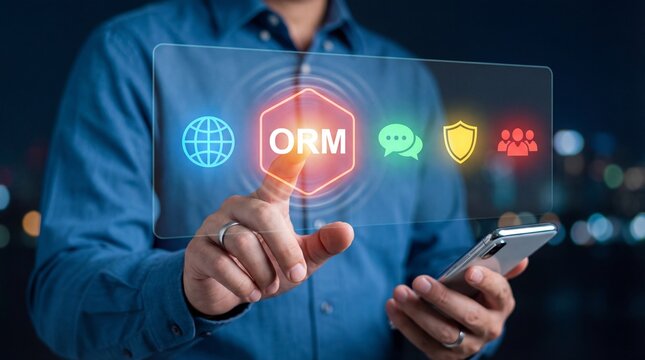 Man interacting with online reputation management interface on transparent screen holding smartphone in modern digital environment with orm icons