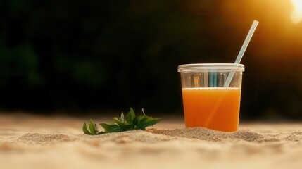 Fresh juice with straw placed on sandy surface during sunset at beach