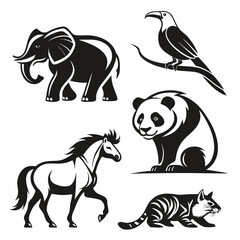 Fototapeta premium Stylized Black and White Animal Vectors: Elephant, Raven, Panda, Horse, and Striped Cat.
