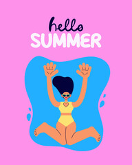Hello Summer greeting card with stylish woman in swimsuit jumpin into the pool. Flat vector illustration on blue background with lettering. Perfect for seasonal banners, social media, posters