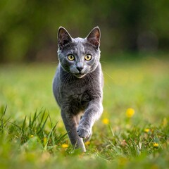 A gray cat with yellow eyes runs through a grassy field scattered with small yellow flowers