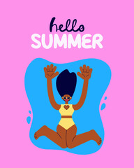 Hello Summer greeting card with stylish woman in swimsuit jumpin into the pool. Flat vector illustration on blue background with lettering. Perfect for seasonal banners, social media, posters