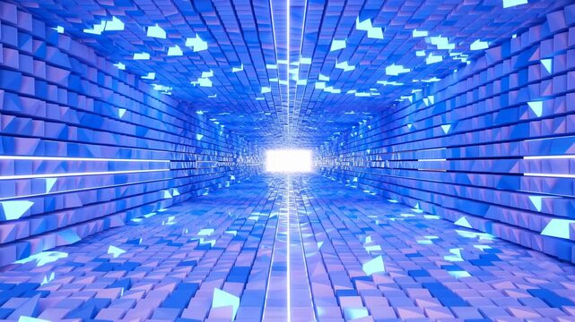 Reflective Floor With Triangular Particles. Data Migrating As Serene Visuals In Luminous Environment