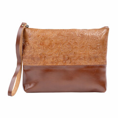 Tan leather pouch with floral pattern isolated on white background, perfect for leather product catalog design