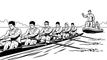 Illustration of a rowing team in a boat with a coxswain on a separate boat guiding them across calm waters in a black and white line drawing style. © AntonAlfatih02