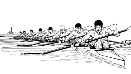 Black and white illustration of a rowing team in unison, rowing on water with a city skyline in the background, conveying a sense of teamwork. © AntonAlfatih02