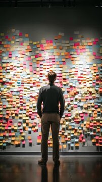 A man stands thoughtfully in front of a large wall covered with colorful sticky notes, immersed in creative brainstorming. The vibrant display suggests innovation and idea generation