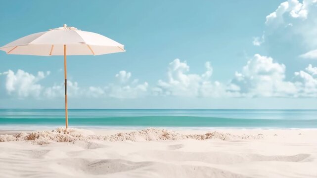 White umbrella stands over soft sand on a beach. The sun shines bright above, and the blue water gently moves as clouds drift across the sky. People enjoy the afternoon by the shore