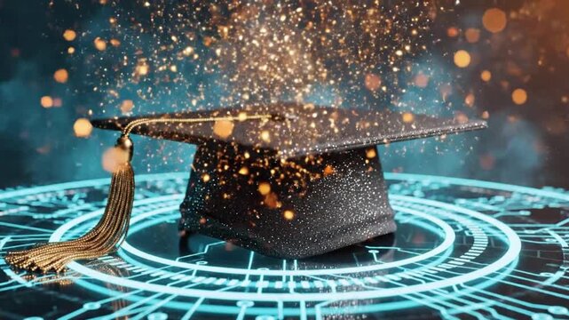 A sparkling graduation cap representing academic success and digital transformation sits on a futuristic glowing circuit board symbolizing technology and future knowledge.
