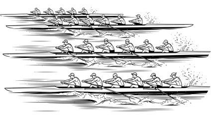 Illustration of multiple rowing teams in various stages of motion on water with dynamic splashes and ripples in a grayscale style. © AntonAlfatih02