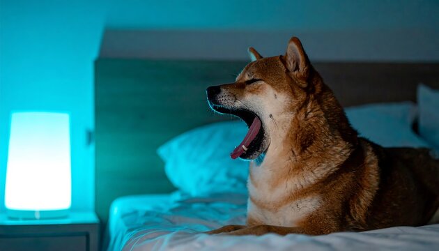 Shiba Inu Dog Yawning on Bed at Night with Blue Light.