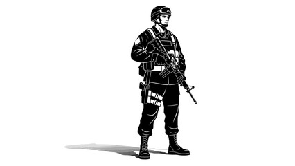 A soldier in military gear stands with a rifle against a plain white background with a shadow underneath. © AntonAlfatih02