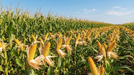 Fototapeta premium Abundant golden corn cobs on stalks in a vibrant green agricultural field, ready for harvest under a bright sky