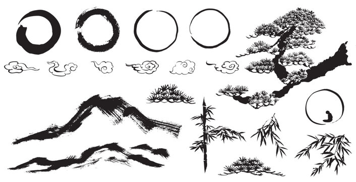 vector of enso circle, Chinese cloud, Bamboo leaves branch, abstract mountain with Chinese ink wash painting in traditional style.