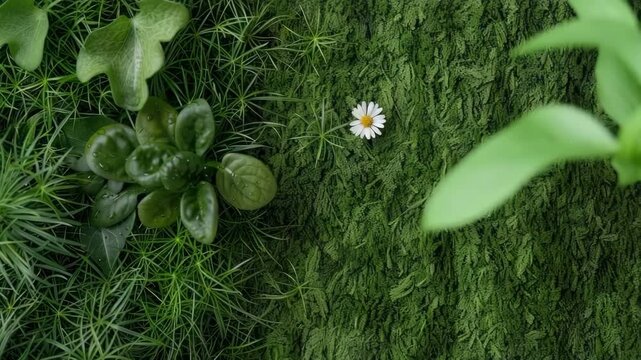 Grass patches highlight a single white flower among green plants under natural light. The focus is on the texture of the grass and the simplicity of nature