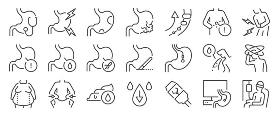 Naklejka premium Stomach cancer icon set. It includes stomachache, illness, sick, disease,&nbsp;gist, and more icons. Editable Vector Stroke.