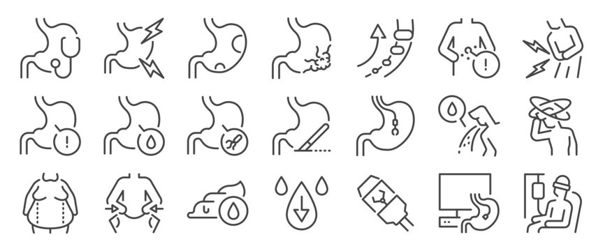 Stomach cancer icon set. It includes stomachache, illness, sick, disease,&nbsp;gist, and more icons. Editable Vector Stroke.