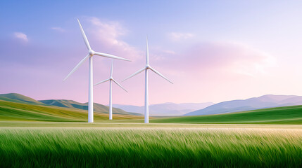 Fototapeta premium Three tall wind turbines on grassy field at colorful sunset with pastel sky and mountain silhouettes in background
