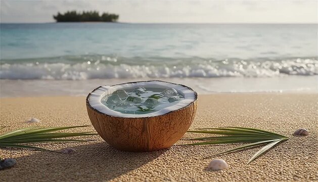 Half coconut shell with ice cubes floating in it on a sandy beach, with gentle waves approaching, capturing a relaxed, tropical mood
