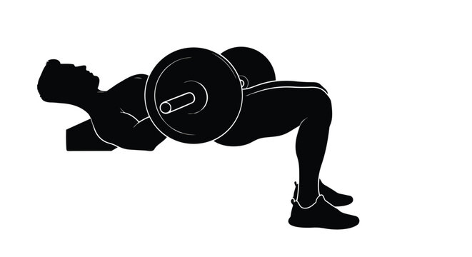 Barbell hip thrust exercise silhouette. Person performing glute bridge with weights. Strength training and fitness concept.