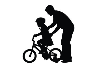 Obraz premium Silhouette vector of a father teaching his daughter to ride a bicycle. Family bonding, outdoor activity, and childhood development concept.