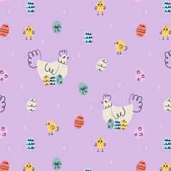 Fototapeta premium Cute Easter seamless pattern with a hand drawn chicken and decorated Easter eggs on a pastel background. Playful flat illustration perfect for holiday cards, spring designs, children’s projects, and s