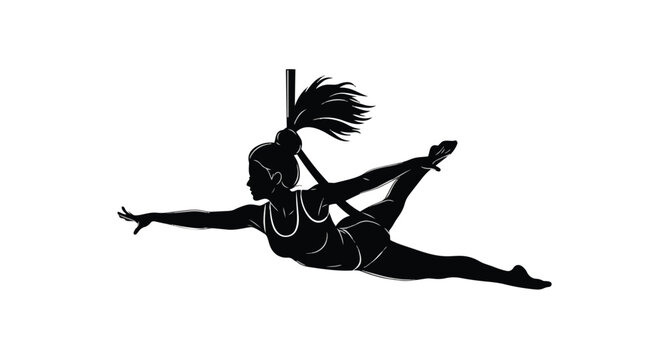 Aerial dancer silhouette illustration. Woman exercising on a pole in a graceful, strong pose. Fitness, acrobatics, and elegant performance concept.