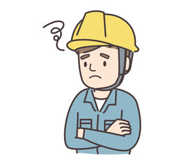 腕を組んで悩む男性作業員のイラスト