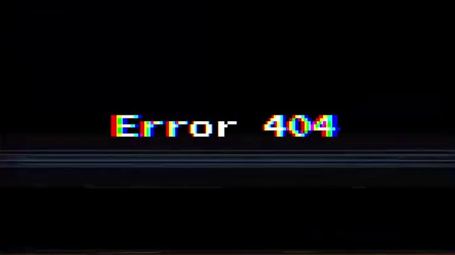 A striking digital glitch effect distorts the 'Error 404' text on a dark screen, signifying a page not found or broken link issue with a modern, cybernetic aesthetic