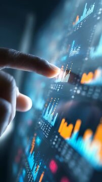Person&rsquo;s finger touches high tech screen filled with dynamic charts, bar graphs, data visualizations. Represents advanced analytics, digital transformation, smart business solutions