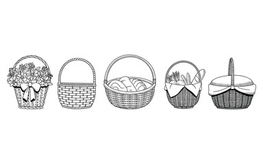 Variety of Woven Baskets Filled with Flowers Bread and Provisions