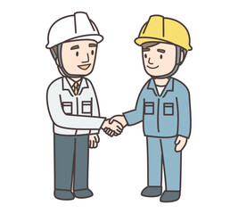 色違いの作業服を着た男性2人が握手する全身イラスト