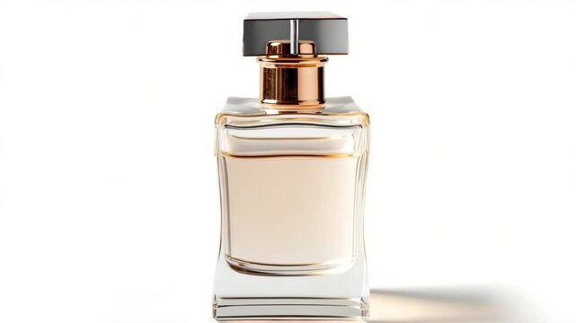 The video features a clear perfume bottle with gold accents. It is displayed on a white surface, allowing viewers to see its shape and design clearly during bright light
