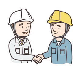 色違いの作業服を着た男性2人が握手する上半身イラスト