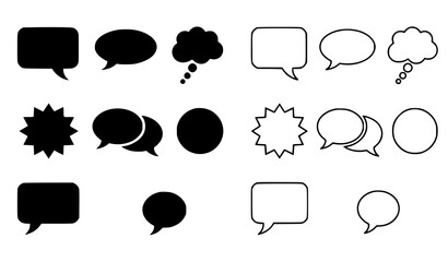 A set of black and white speech bubbles in various shapes and styles