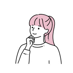 シンプル線画　顎に手をあてているポニーテールの女性　笑顔
