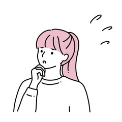 フラットイラスト　顎に手をあてているポニーテールの女性　焦り・困惑