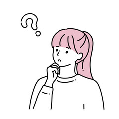 クエスチョンマークと若い女性　線画イラスト