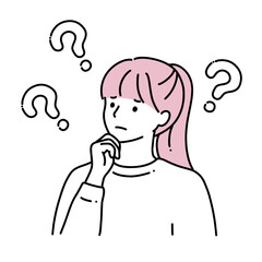 複数のクエスチョンマークと若い女性　線画イラスト