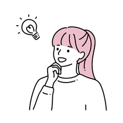 シンプル線画　顎に手をあてて何かを思いついたポニーテールの女性