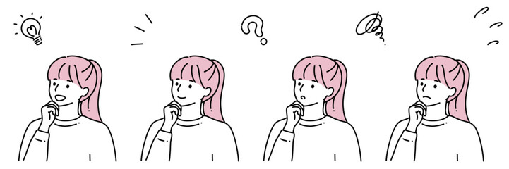 シンプル線画　顎に手をあてているいろいろな表情の若い女性　セット