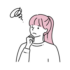 シンプル線画　顎に手をあてて困っている若い女性