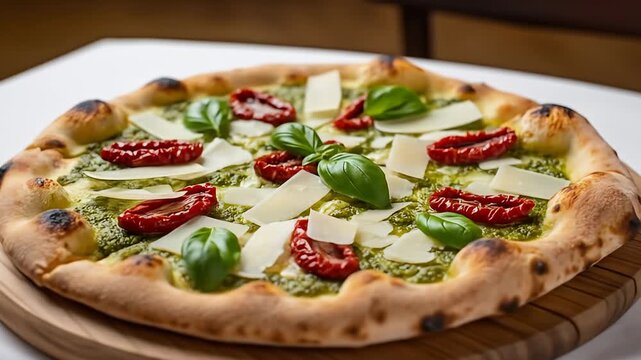 Appetizing pizza with pesto, sundried tomatoes, and cheese on a wood board